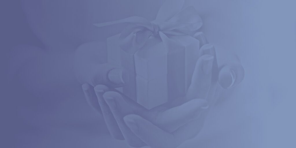 A blue background with a gift box and ribbon.