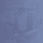 A blue background with a gift box and ribbon.