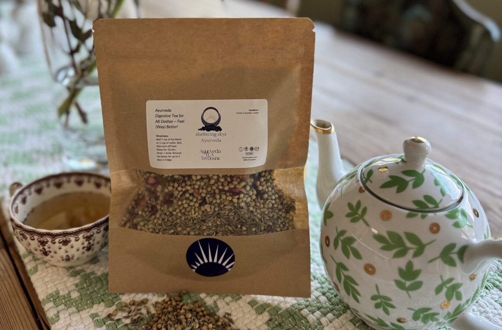 CCF Tea with cumin, coriander, and fennel seeds served in teacup and teapot – Ayurvedic digestive tea